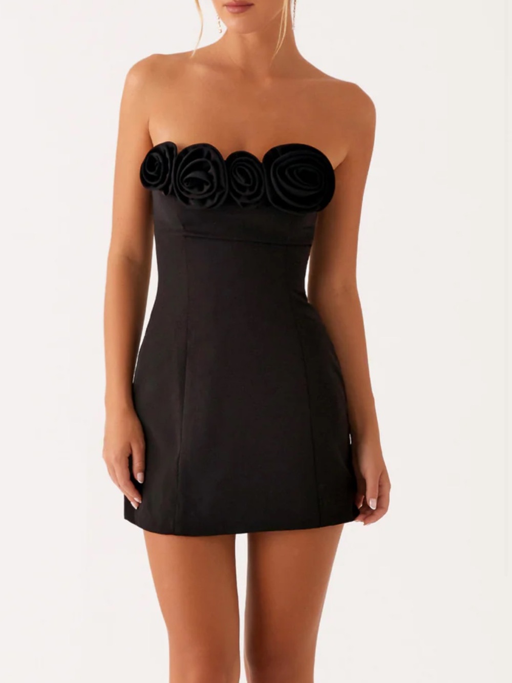 BRAND NEW Peppermayo Black Strapless Mini Dress with Rosette Trim - Patsie